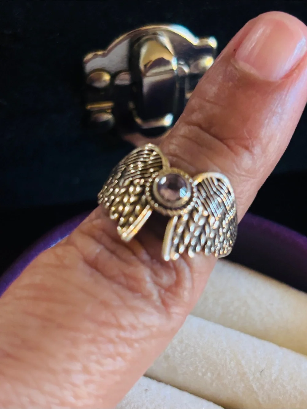 Gold 925 Stamped Winged Heart Ring with Amethyst   - Women Jewelry Size 9